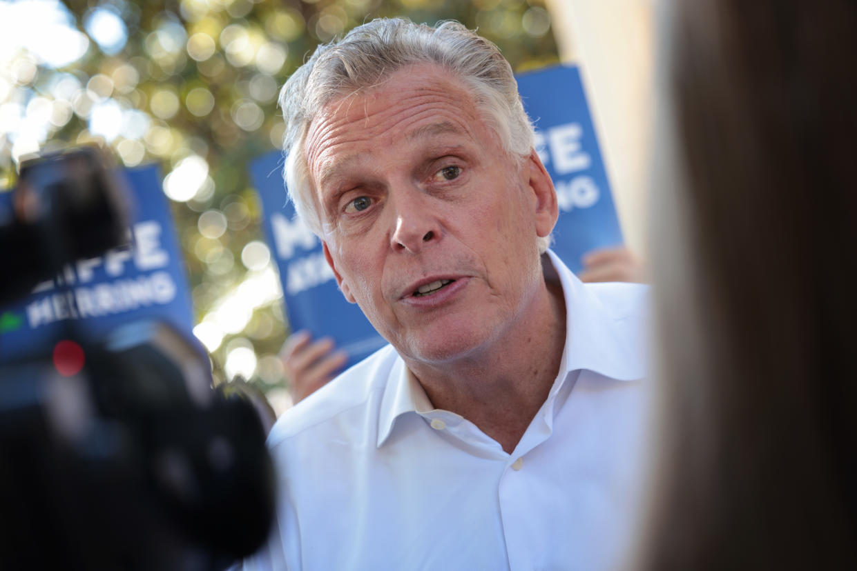 Democratic gubernatorial candidate, former Virginia Gov. Terry McAuliffe answers questions from reporters after speaking at an early vote  campaign event October 20, 2021 in Charlottesville, Virginia. (Win McNamee/Getty Images)
