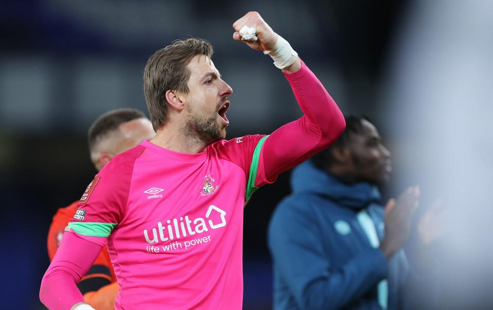 Tim Krul of Luton Town celebrates after the team's victory in the Emirates FA Cup Fourth Round match between Everton and Luton Town at Goodison Park on January 27, 2024 in Liverpool, England