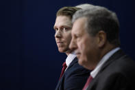 Washington Capitals center Nicklas Backstrom, of Sweden, looks on at an NHL hockey news conference about the Capitals re-signing him to a five-year contract, Tuesday, Jan. 14, 2020, in Washington. (AP Photo/Nick Wass)