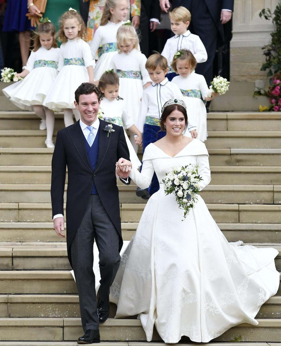 <p>Princess Eugenie of York wed Jack Brooksbank on October 12, 2018 in a stunning gown by British fashion designers Peter Pilotto and Christopher de Vos of Peter Pilotto.</p>