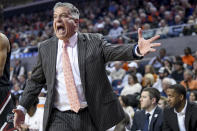Auburn head coach Bruce Pearl reacts to a play during the first half of an NCAA college basketball game against South Carolina Wednesday, Jan. 22, 2020, in Auburn, Ala. (AP Photo/Julie Bennett)