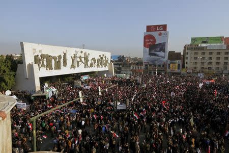 Protesters shout slogans during a demonstration against the Turkish military deployment in Iraq, at Tahrir Square in central Baghdad, Iraq, December 12, 2015. REUTERS/Ahmed Saad