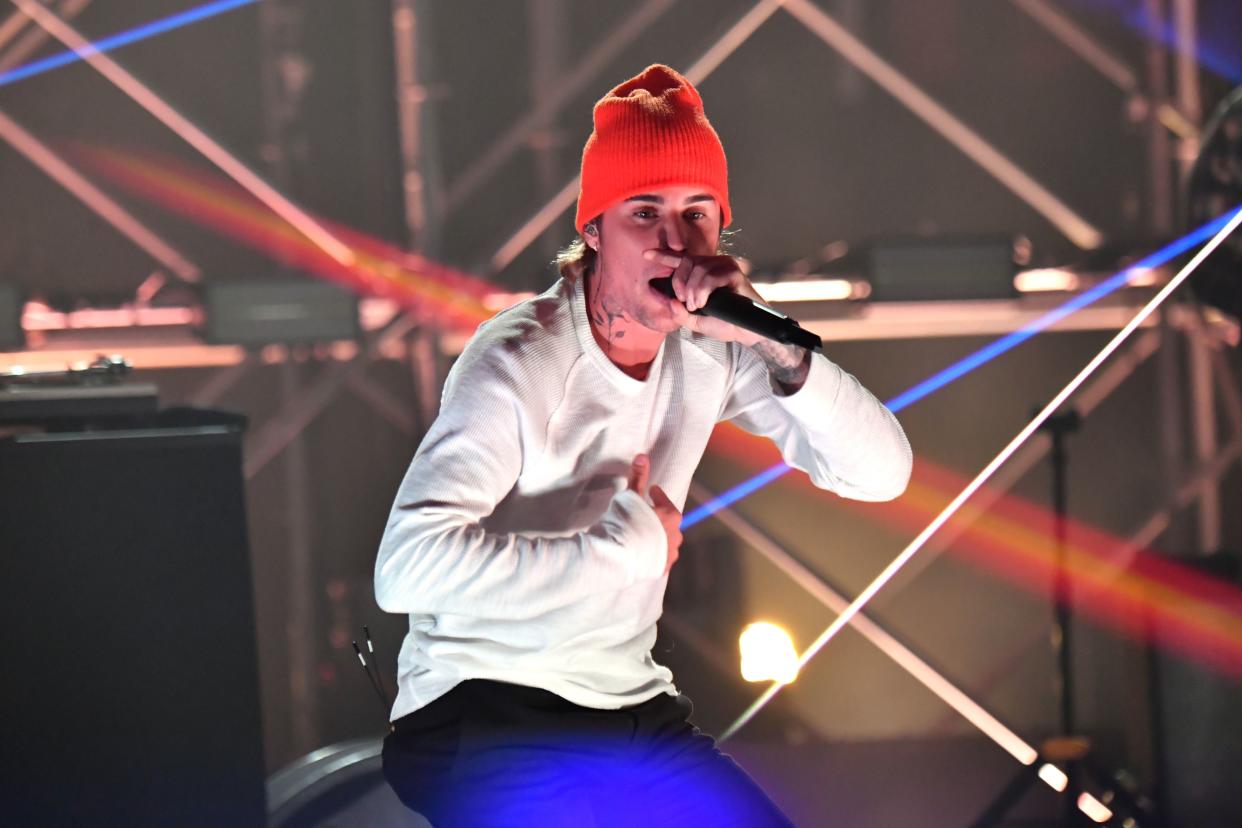 ustin Bieber performs during the Triller Fight Club: Jake Paul v Ben Askren at Mercedes-Benz Stadium on April 17, 2021 in Atlanta, Georgia.