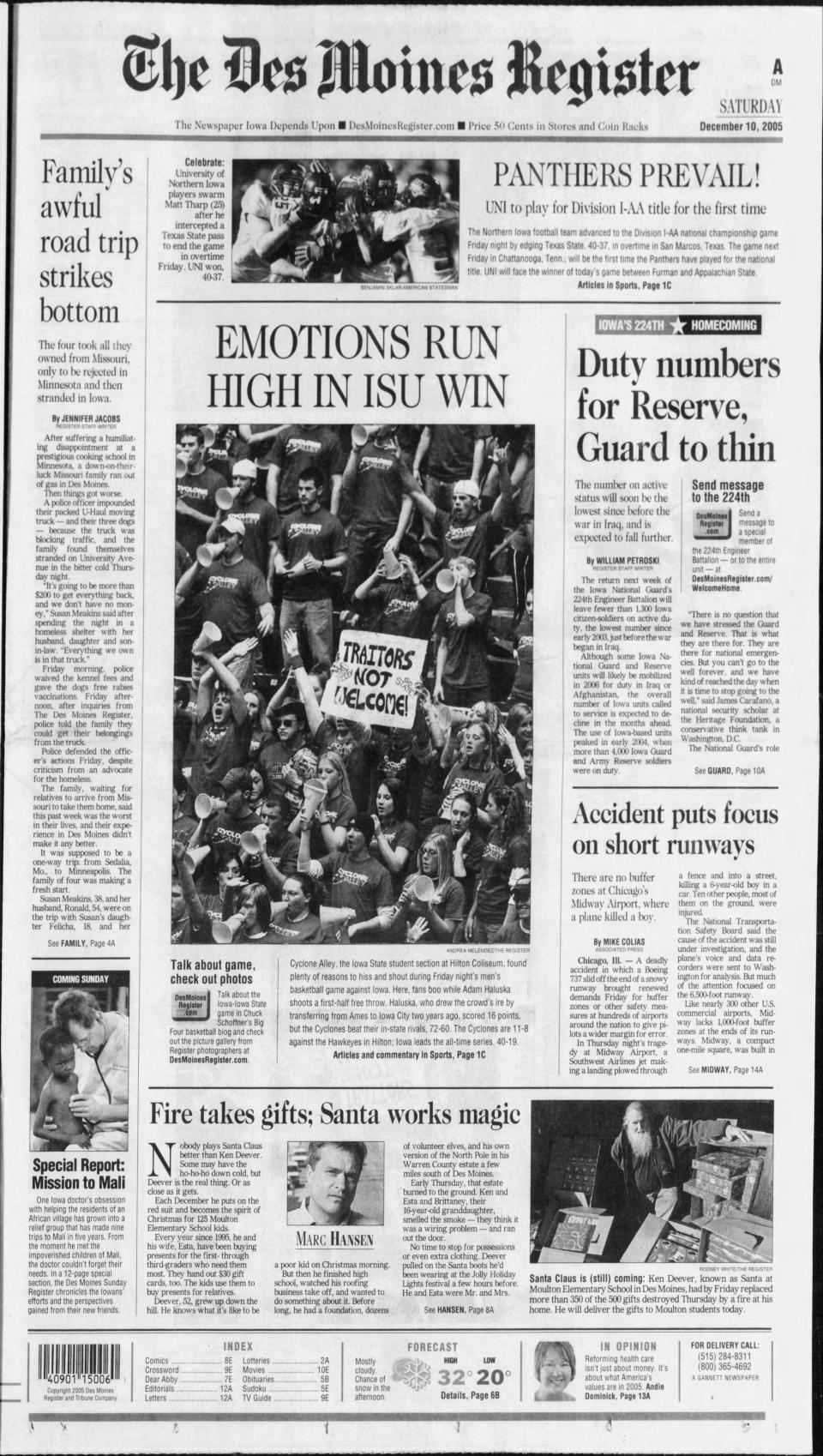 The front page of the Dec. 10, 2005, Des Moines Register, the day after Adam Haluska's Iowa team lost at Hilton Coliseum. Haluska played for Iowa State as a freshman before transferring to Iowa.