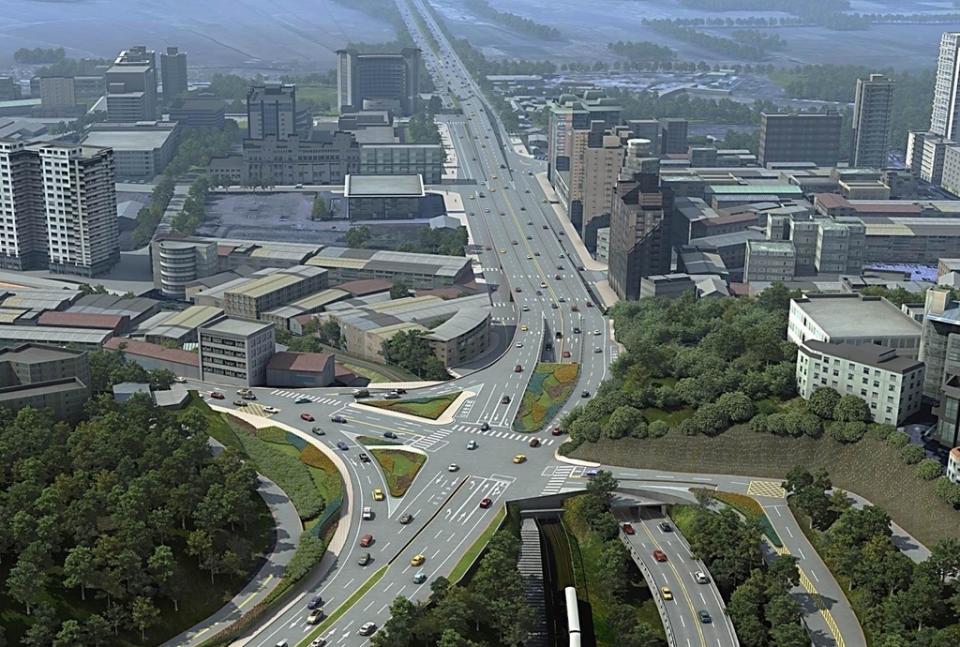 《圖說》新北市政府接手興闢淡北道路，全長約5.45公里，範圍跨及新北市與臺北市，以分流原則增設路廊，同時規劃人本環境的改造、大眾運輸導向與智慧交通管理等策略，讓區域交通服務效能更加完善，以上為淡北道路完工模擬圖及路線圖。〈工務局提供〉