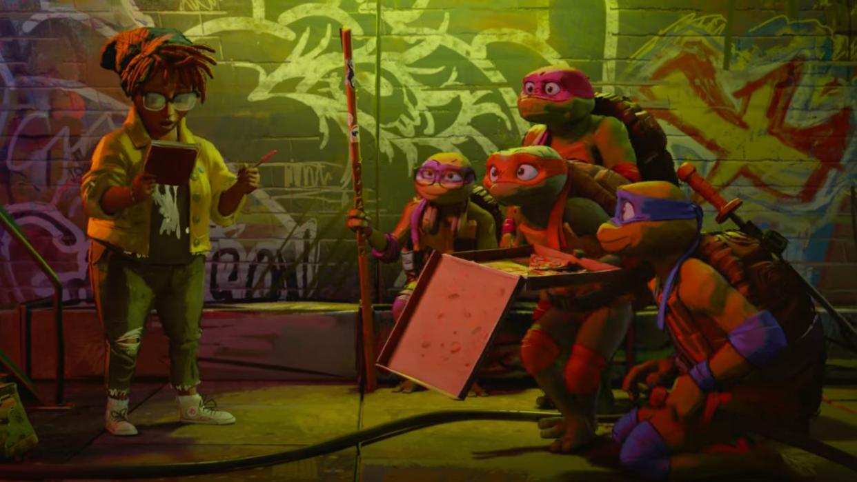  April O'Neil and the Turtles in Teenage Mutant Ninja Turtles: Mutant Mayhem 