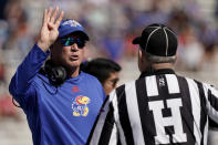 Kansas head coach Lance Leipold talks to an official during the first half of an NCAA college football game against Duke Saturday, Sept. 24, 2022, in Lawrence, Kan. (AP Photo/Charlie Riedel)