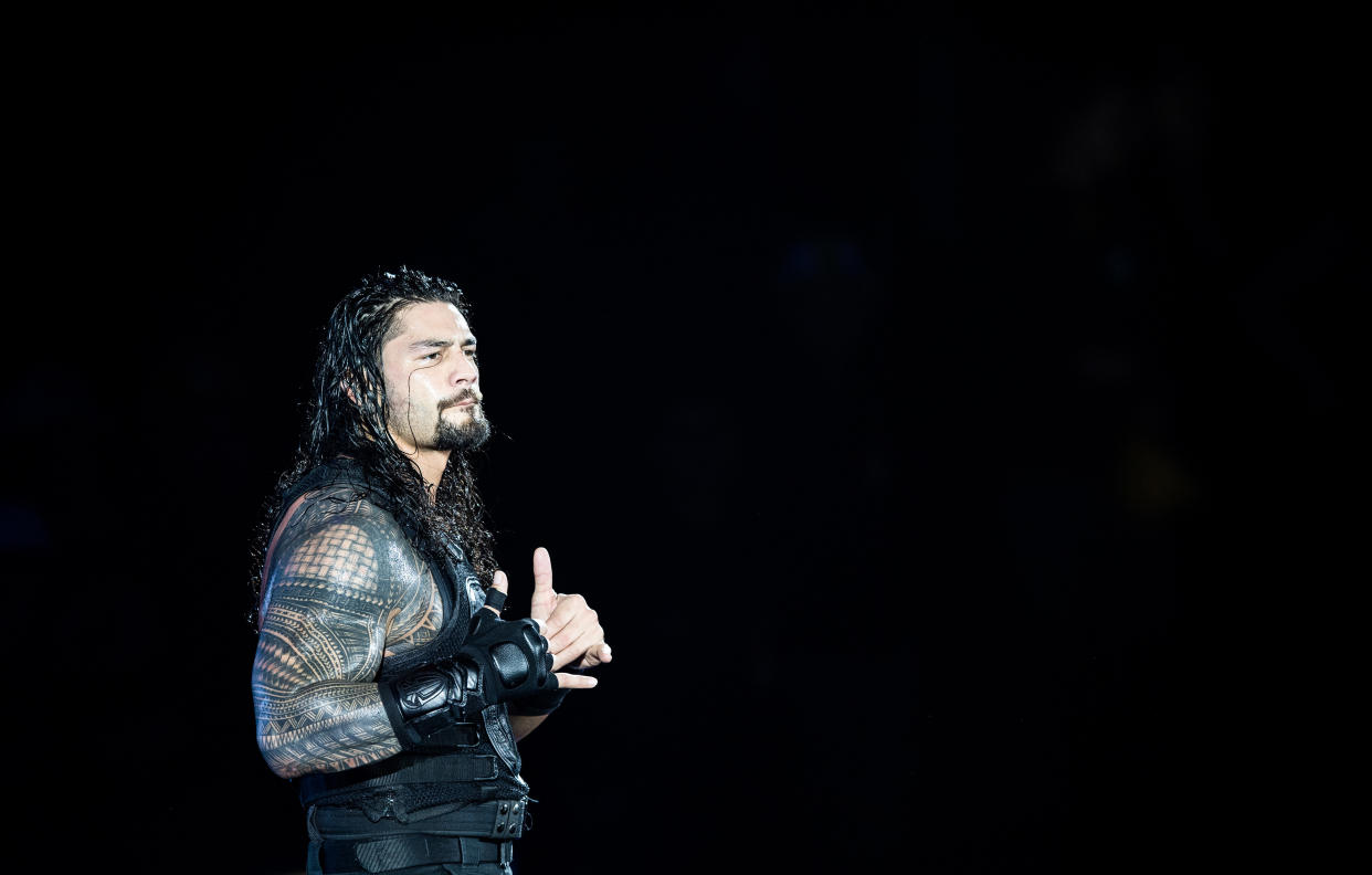 DUESSELDORF, GERMANY – FEBRUARY 22: Roman Reigns reacts during to the WWE Live Duesseldorf event at ISS Dome on February 22, 2017 in Duesseldorf, Germany. (Photo by Lukas Schulze/Bongarts/Getty Images)