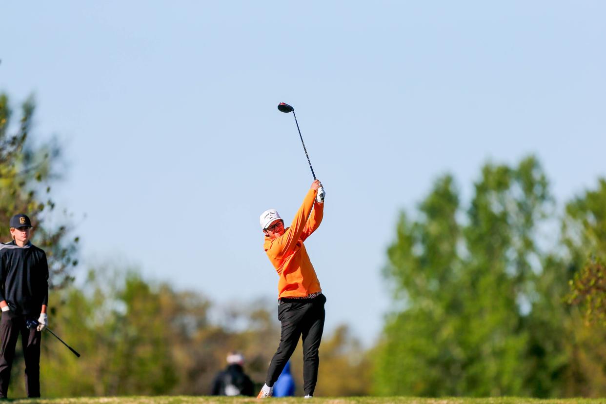 Norman’s Sebastian Salazar tees off during the Husky Classic Golf Tournament at Lincoln Park Golf Course in Oklahoma City, on Thursday, April 11, 2024.