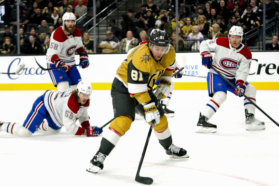 Vegas Golden Knights center Jonathan Marchessault (81) skates with the puck against the Montreal Canadiens during the second period of an NHL hockey game, Sunday, March 5, 2023, in Las Vegas. (AP Photo/Lucas Peltier)