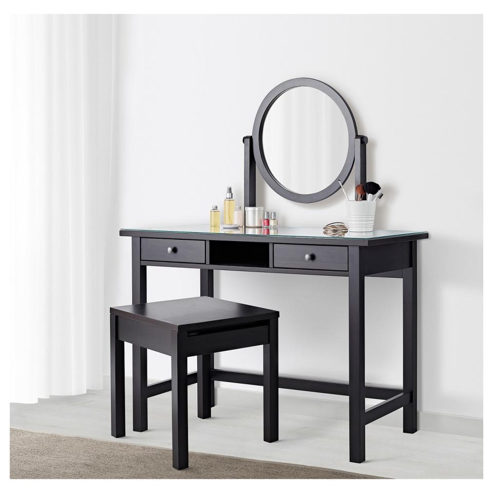 <p><a href="https://www.ikea.com/us/en/p/hemnes-dressing-table-with-mirror-black-brown-60384967/" rel="nofollow noopener" target="_blank" data-ylk="slk:Shop Now;elm:context_link;itc:0;sec:content-canvas" class="link ">Shop Now</a></p><p>HEMNES Dressing Table with Mirror</p><p>ikea.com</p><p>$289.99</p><span class="copyright">Ikea</span>