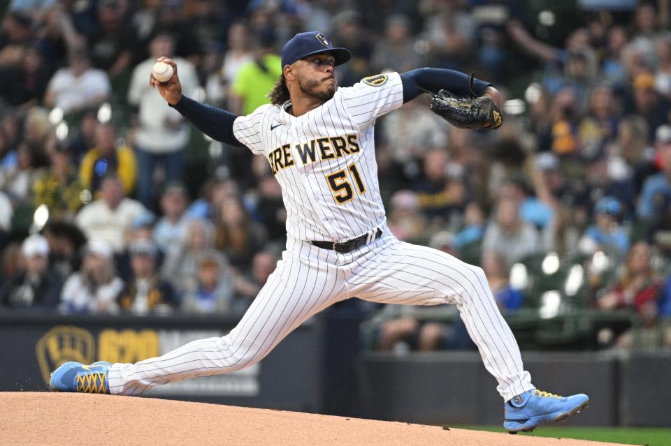 Freddy Peralta delivers a pitch against the Miami Marlins late last season. Peralta missed a large chunk of the 2022 season with a shoulder injury.