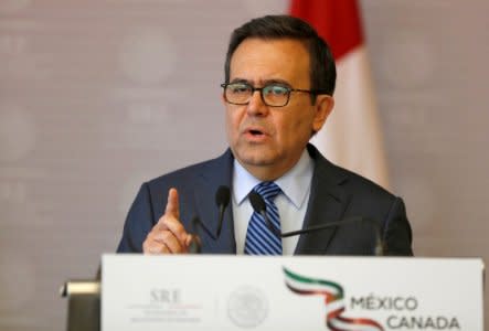 Mexico's Economy Minister Ildefonso Guajardo delivers a message alongside Canada's Foreign Minister Chrystia Freeland and Mexico's Foreign Minister Luis Videgaray (not pictured) in Mexico City, Mexico July 25, 2018. REUTERS/Gustavo Graf