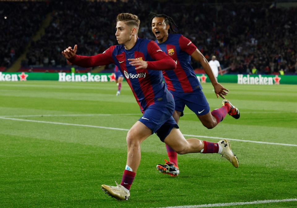 Barcelona's Fermin Lopez celebrates scoring their first goal (Reuters)