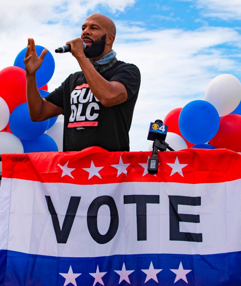 American rapper, actor and writer Common speaks before the Souls to the Polls caravan at The Purple Church as part of one of many events prior to the elections on Sunday, October 25, 2020, in Miami, Florida.