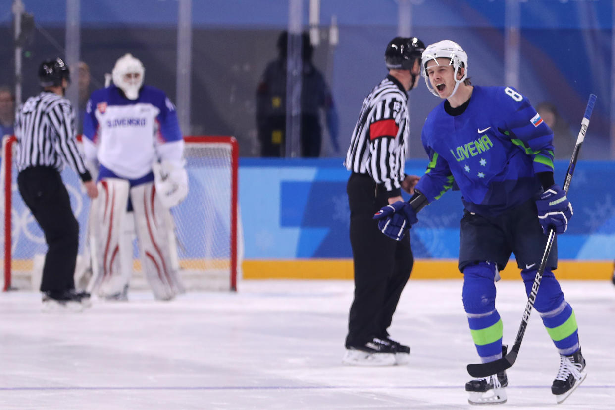 GANGNEUNG, SOUTH KOREA – FEBRUARY 17: Ziga Jeglic #8 of Slovenia celebrates after scoring the game winning goal in a shootout against Slovakia during the Men’s Ice Hockey Preliminary Round on Day 8 of the PyeongChang 2018 Winter Olympic Games. (Getty Images)