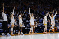 Tennessee players celebrate in the second half of a second-round college basketball game against Toledo in the NCAA Tournament, Monday, March 20, 2023, in Knoxville, Tenn. (AP Photo/Wade Payne)
