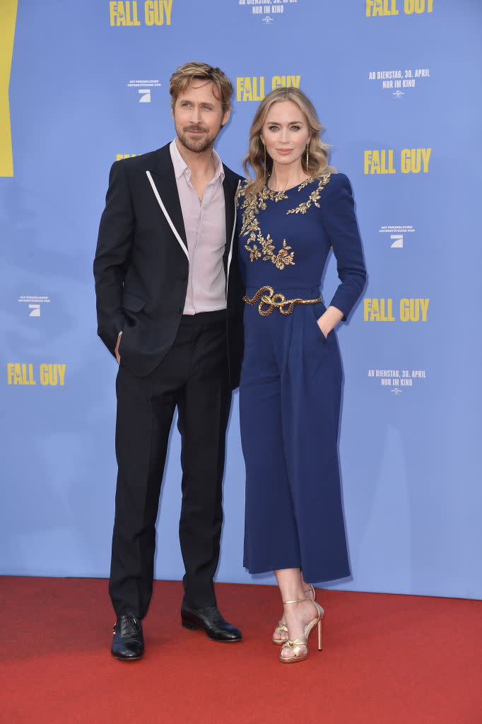 Ryan Gosling and Emily Blunt attend the "The Fall Guy" premiere on April 19 in Berlin, Jenny Packham, Gucci, red carpet