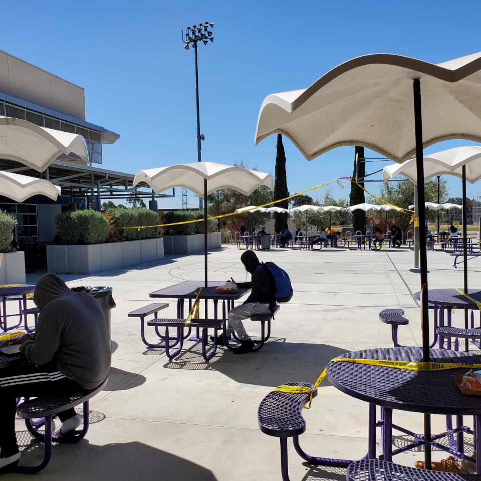 Socially distanced lunch at Middle College High School in Los Angeles on April 27, 2021.