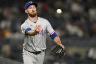 Texas Rangers relief pitcher Spencer Patton throws out New York Yankees' Gio Urshela at first base during the eighth inning of a baseball game Monday, Sept. 20, 2021, in New York. (AP Photo/Frank Franklin II)