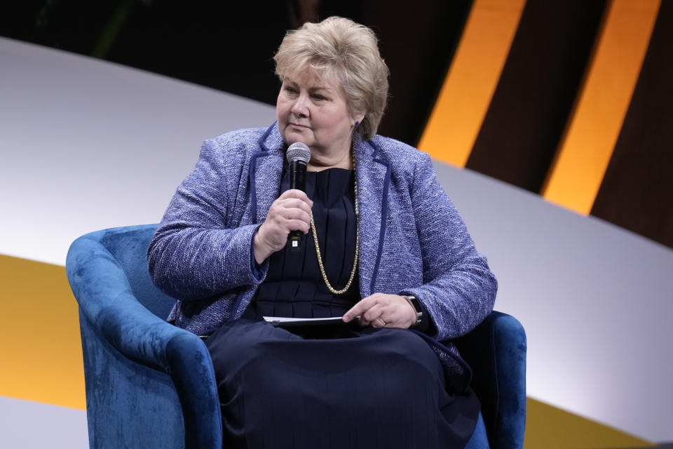 FILE - Former prime minister of Norway Erna Solberg participates in the Global Citizen NOW conference in New York, Friday, April 28, 2023. The political careers of two of Norway’s most powerful women are under threat after it was revealed that their husbands were dealing shares behind their backs. Anniken Huitfeldt, the current center-right foreign minister, and the former conservative prime minister, Erna Solberg are having to answer why they were making decisions in office that could potentially have enriched their spouses. (AP Photo/Seth Wenig, file)