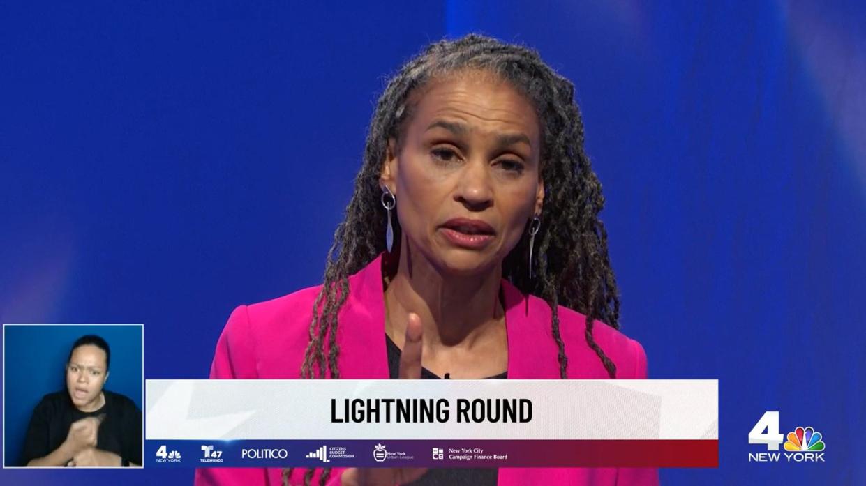 Maya Wiley participates in the New York City Democratic Primary Mayoral Debate on WNBC tv on June 16, 2021.