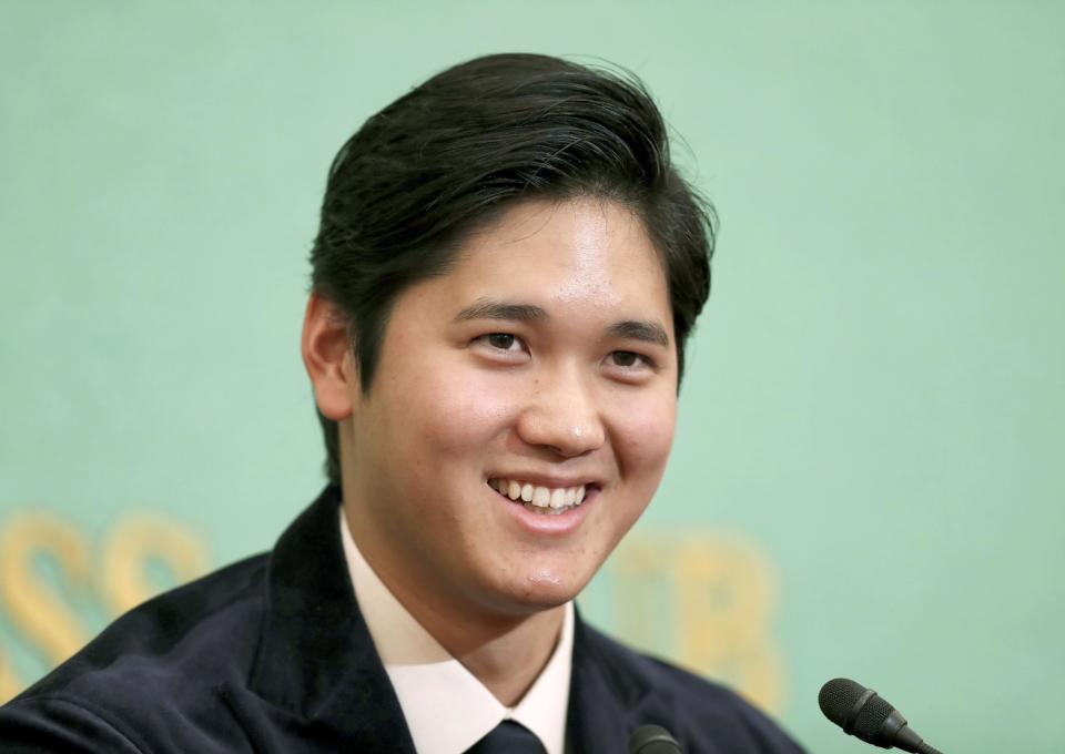 Los Angeles Angels two-way player Shohei Ohtani smiles during a press conference in Tokyo, Thursday, Nov. 22, 2018. Ohtani returned home after being picked for American League Rookie of the Year. (Yohei Fukai/Kyodo News via AP)