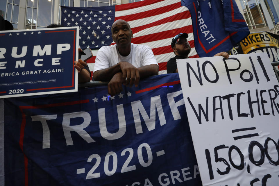 Supporters of President Donald Trump protest outside the Pennsylvania Convention Center in Philadelphia, Sunday, Nov. 8, 2020, a day after the 2020 election was called for Democrat Joe Biden.(AP Photo/Rebecca Blackwell)