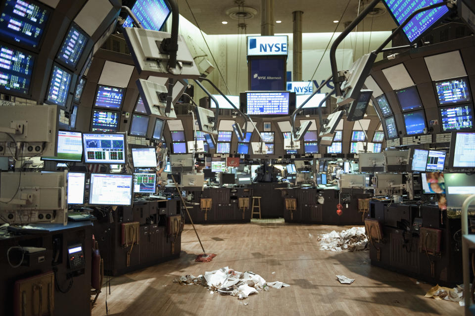 The empty Trading Floor of the NYSE after the market has closed.