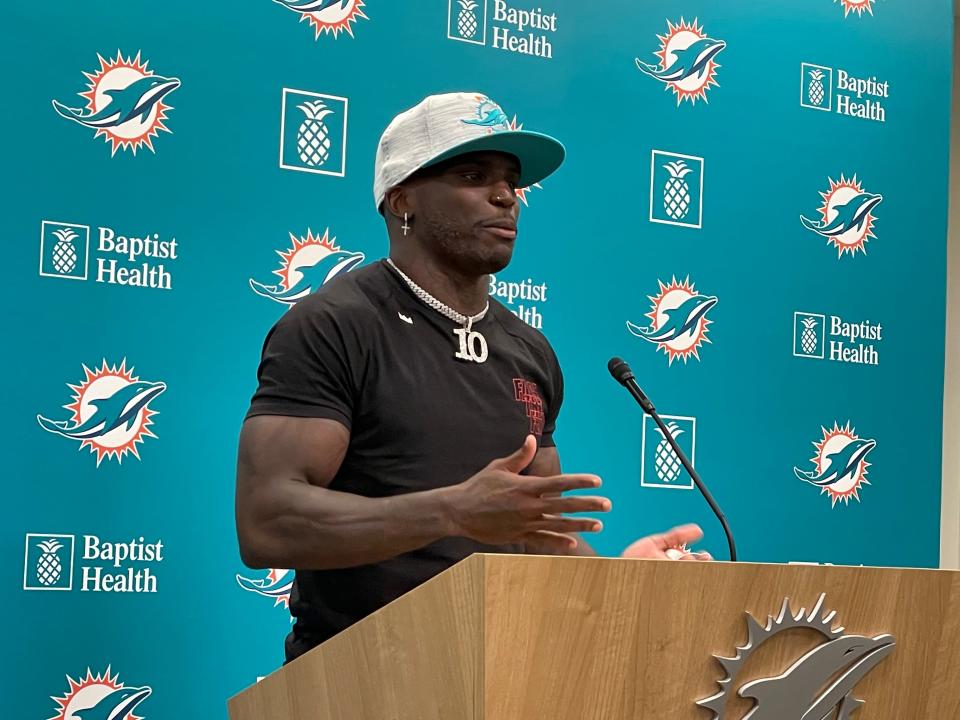 New Dolphins receiver Tyreek Hill speaks at his introductory news conference.