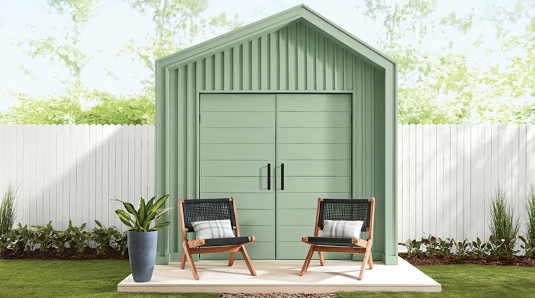 Sage mint green paint on outdoor shed