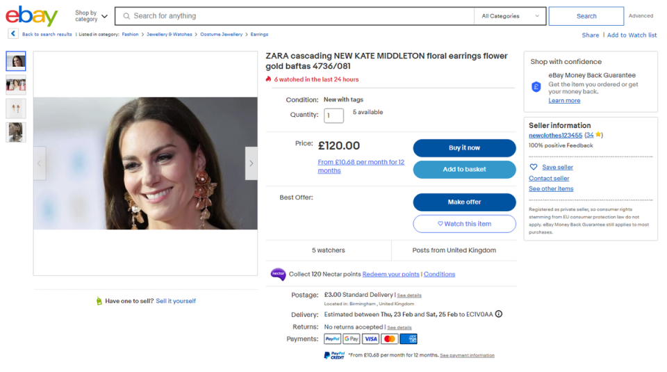 An eBay listing selling the same Zara earrings Kate Middleton wore to the 2023 Bafta Awards for £120. The earrings retail at £17.99 (eBay)