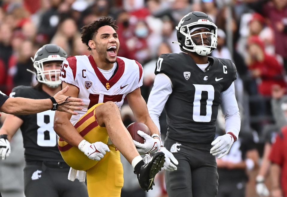 Moorpark High graduate Drake London celebrates a catch during USC's 45-14 win over Washington State on Sept. 18.