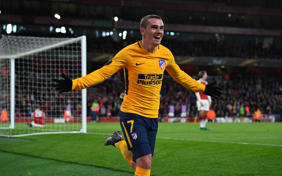 <p>Soccer Football – Europa League Semi Final First Leg – Arsenal vs Atletico Madrid – Emirates Stadium, London, Britain – April 26, 2018 Atletico Madrid’s Antoine Griezmann celebrates scoring their first goal REUTERS/Dylan Martinez </p>