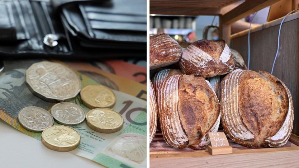 Money and sourdough bread for sale