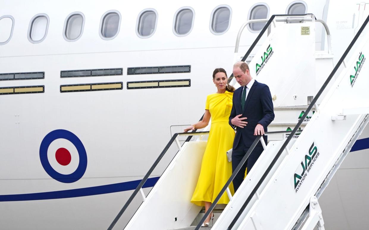 The Duke and Duchess of Cambridge disembark the RAF Voyager after landing on the island as part of their Caribbean tour - Jane Barlow/PA