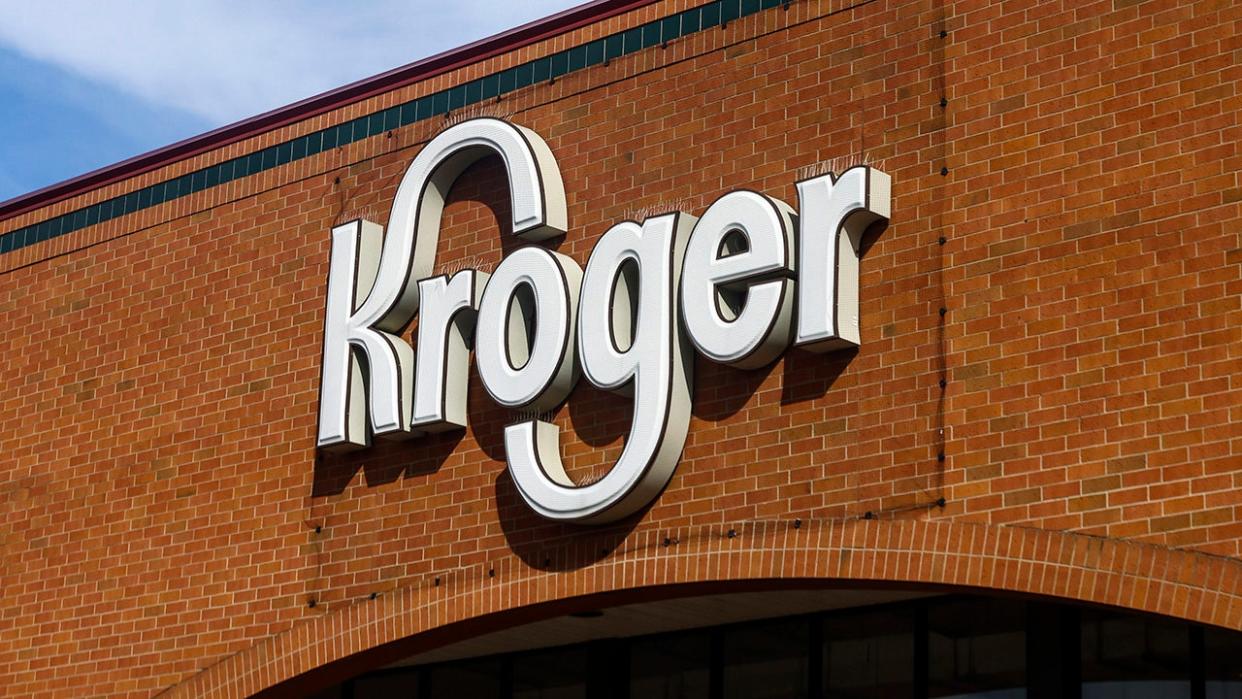 <div>File: Kroger sign seen on a store in Illinois on October 15, 2022. (Photo by Beata Zawrzel/NurPhoto via Getty Images)</div>