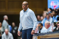 North Carolina head coach Hubert Davis looks on in the first half of an NCAA college basketball game against Duke on Saturday, Feb. 4, 2023, in Durham, N.C. (AP Photo/Jacob Kupferman)