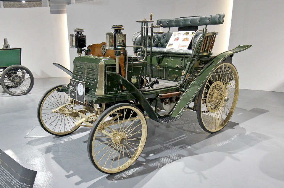 <p>The oldest car in the collection is this 1900 <strong>Benz Ideal</strong>, which incredibly was made just a decade and a half after the first Benz. With a single-cylinder engine the Benz's v-max was just <strong>8mph</strong>, but as compensation for this it did come with a built-in umbrella, stored on the rear mudguard (on the other side in this picture).</p>