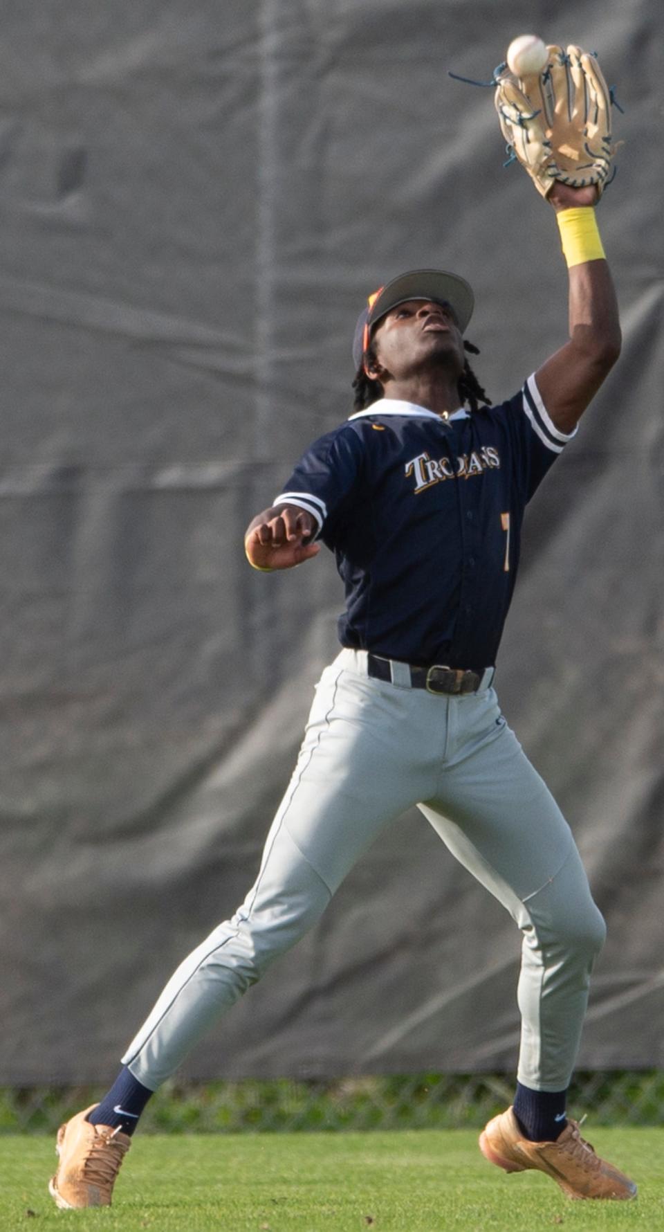 Saint James’ Clint Houser (7) catches a fly ball at Trinity Presbyterian School in Montgomery, Ala., on Tuesday, March 12, 2024. Saint James defeated Trinity 8-2.