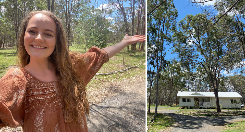 Sophie Oliver (left) looking happy. And Sophie's house with gum trees towering over it (right).