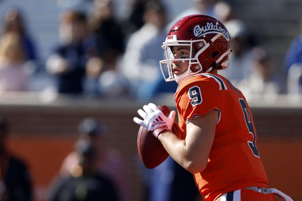 FILE - National quarterback Jake Haener of Fresno State (9) throws a pass during the first half of the Senior Bowl NCAA college football game Saturday, Feb. 4, 2023, in Mobile, Ala. In the first nine drafts after former sixth-round pick Tom Brady won his first Super Bowl following the 2002 season, there were an average of seven QBs taken in the final three rounds of the draft. (AP Photo/Butch Dill, File)