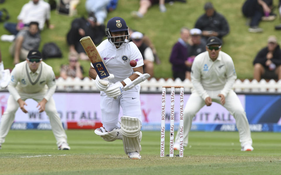 India's Ajinkya Rahane bats against New Zealand during the first cricket test between India and New Zealand at the Basin Reserve in Wellington, New Zealand, Friday, Feb. 21, 2020. (AP Photo/Ross Setford)