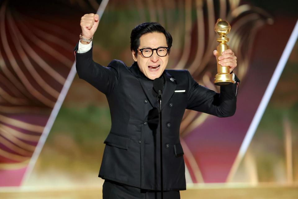 Ke Huy Quan accepts the Best Supporting Actor in a Motion Picture award for "Everything Everywhere All at Once" onstage at the 80th Annual Golden Globe Awards held at the Beverly Hilton Hotel on January 10, 2023 in Beverly Hills, California.