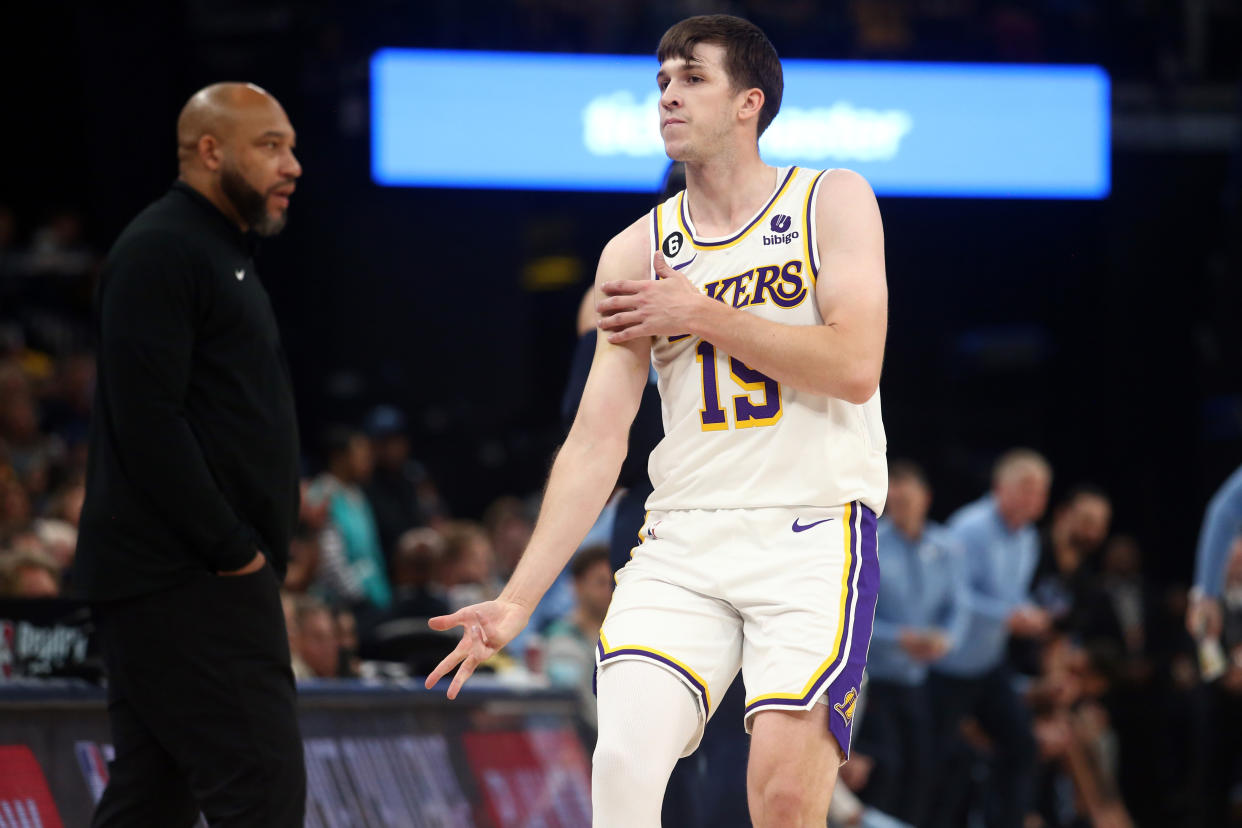 Apr 16, 2023; Memphis, Tennessee, USA; Los Angeles Lakers guard Austin Reaves (15) reacts after a three point basket during the first half during game one of the 2023 NBA playoffs against the Memphis Grizzlies at FedExForum. Mandatory Credit: Petre Thomas-USA TODAY Sports