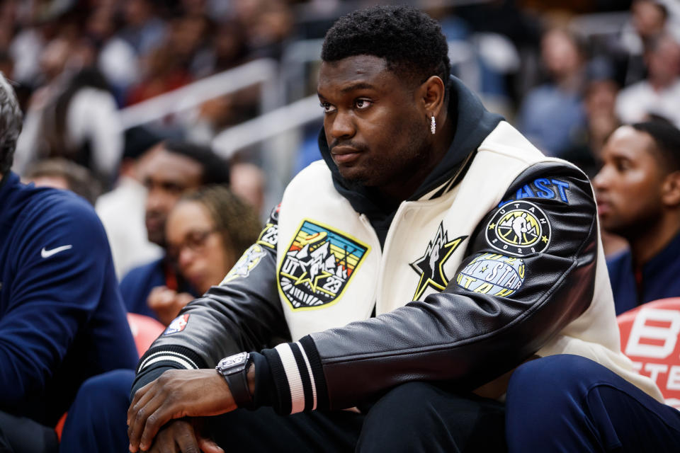 TORONTO, ON - FEBRUARY 23: Zion Williamson #1 of the New Orleans Pelicans sits on the bench during the second half of their NBA game against the Toronto Raptors at Scotiabank Arena on February 23, 2023 in Toronto, Canada. NOTE TO USER: User expressly acknowledges and agrees that, by downloading and or using this photograph, User is consenting to the terms and conditions of the Getty Images License Agreement. (Photo by Cole Burston/Getty Images)