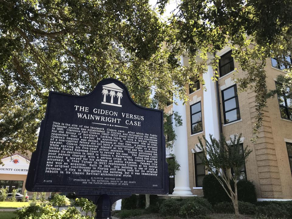 The historic marker currently in front of the Bay County Courthouse building marking the Gideon v. Wainwright decision. [CONTRIBUTED PHOTO]