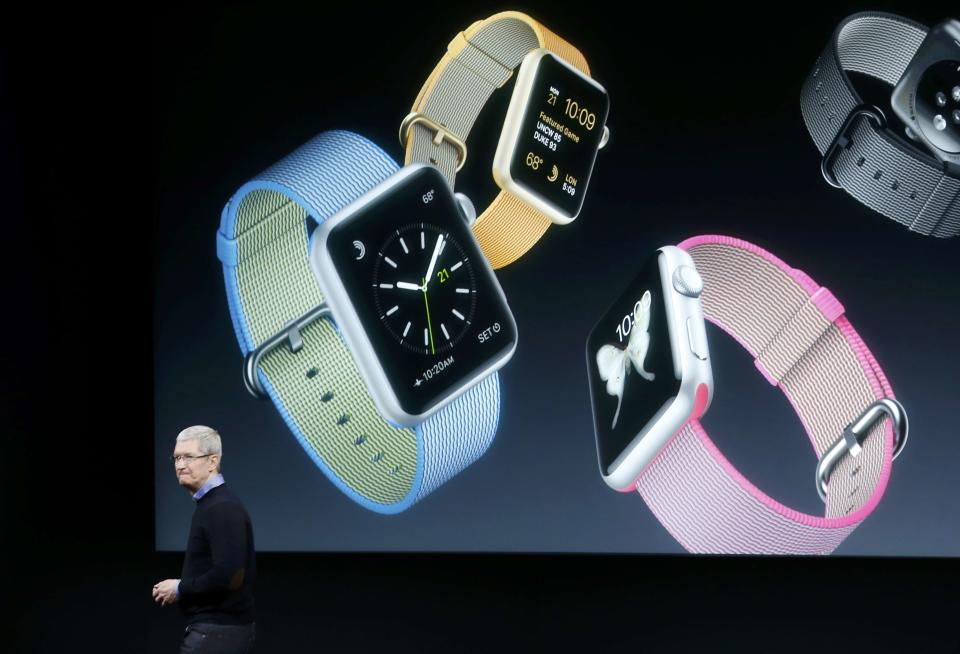 Apple CEO Tim Cook speaks about the iWatch during an event at the Apple headquarters in Cupertino, California March 21, 2016. REUTERS/Stephen Lam