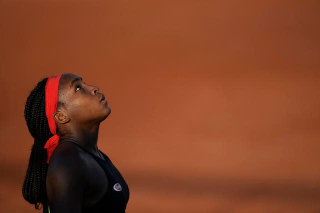 Coco Gauff looks to the sky during her tense victory over Alelsandra Krunic