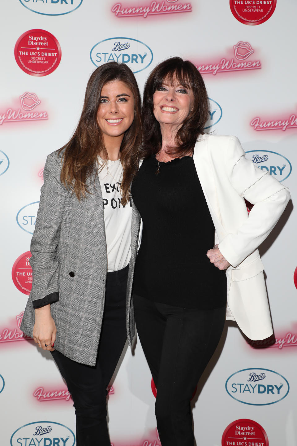 LONDON, ENGLAND - FEBRUARY 25: (L) Louise Michelle and (R) Vicki Michelle attend the Boots Staydry Women Take The P**s Comedy Night at Boulevard Theatre on February 25, 2020 in London, England. The event was held to challenge the taboo associated with female incontinence and encourage women to talk more openly about the condition.  (Photo by Lia Toby/Getty Images for Boots Staydry )